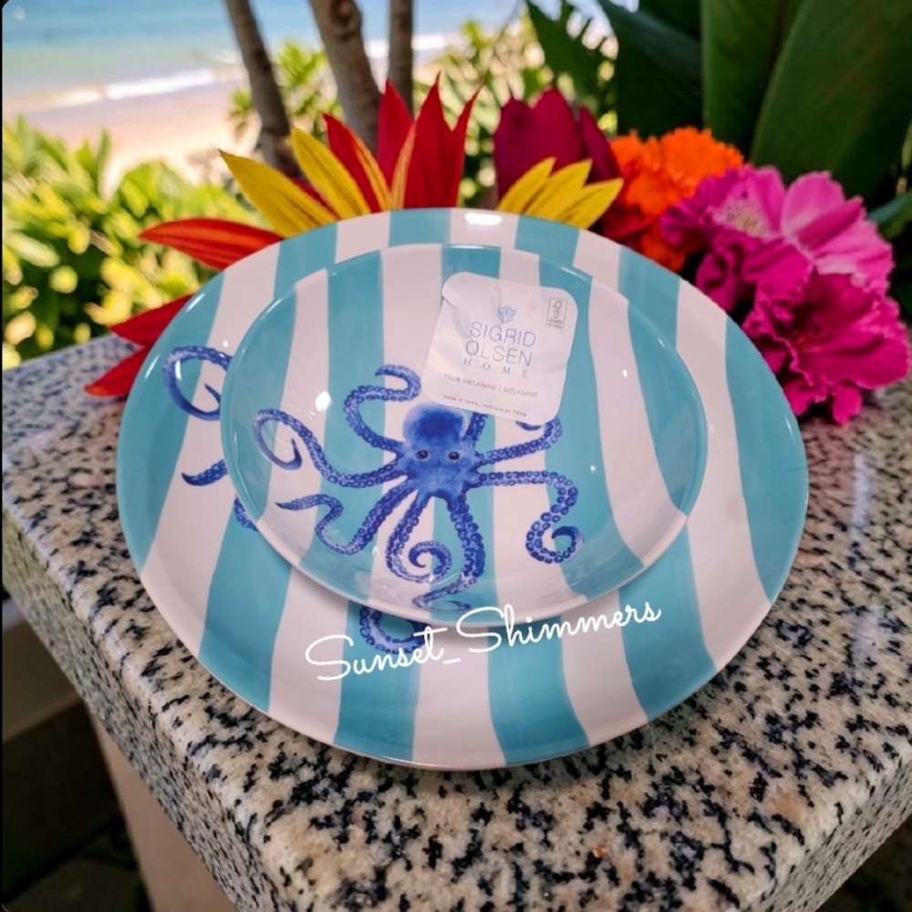 8pc Sigrid Olsen Blue Octopus Cabana Stripe Melamine Dinner Plate & Bowl Set New - Picture 2 of 10